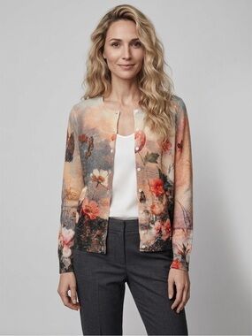 Anthropologie Cashmere Floral Watercolor Cardigan Sweater - Peach, Coral, Green